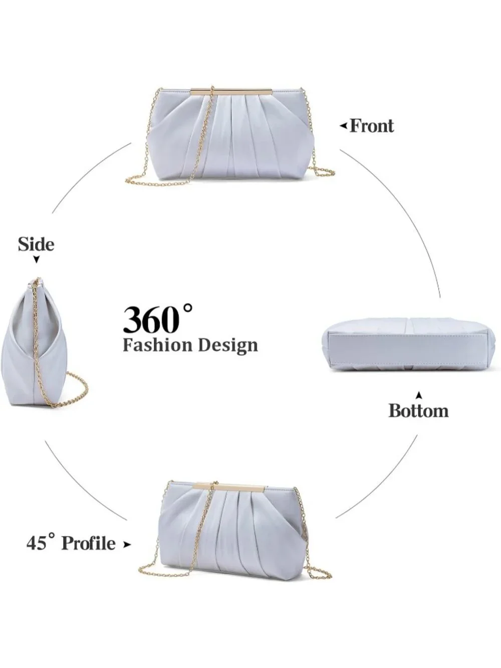 👜 Women's Silver Satin Evening Bag Elegant Pleated Formal Clutch With Chain